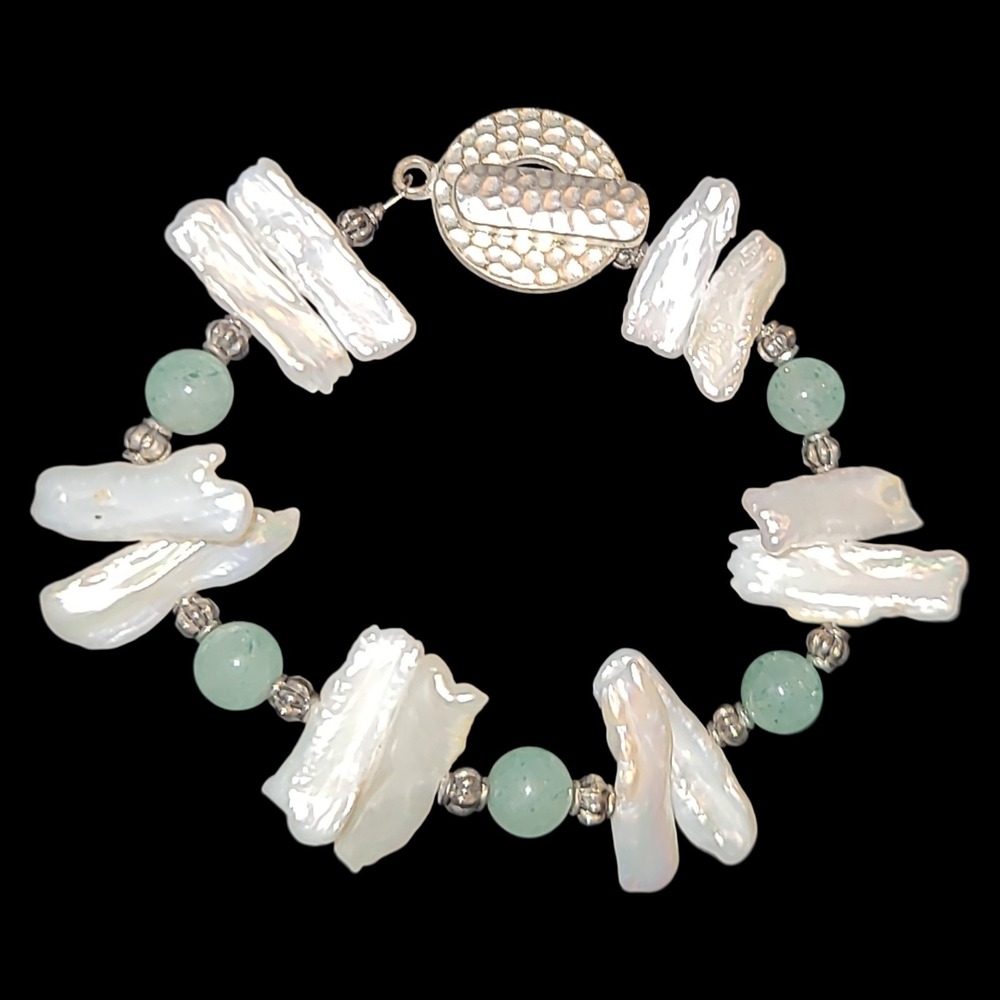 Freshwater Pearl Jade Bracelet 8 Inch‎ Silver Clasp Baroque White Green